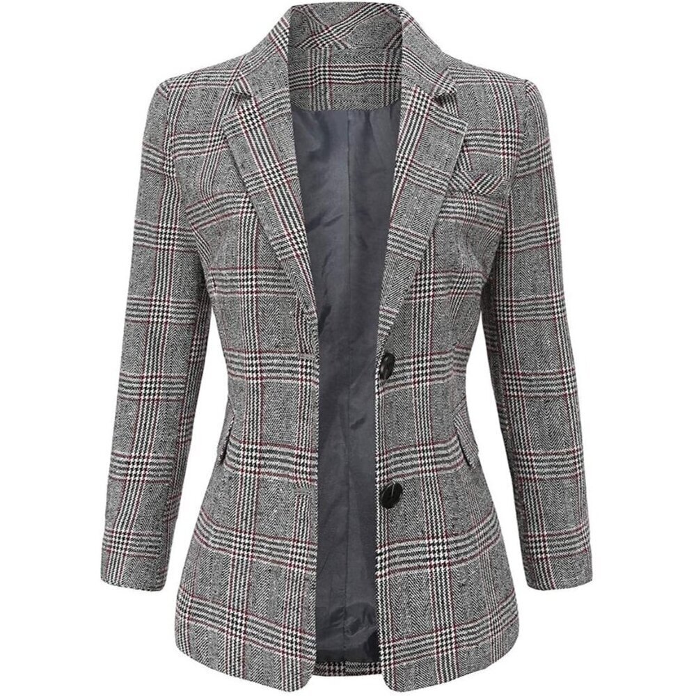 Ebossy Blazer Women Grey Notch Lapel 2 Button Suit Houndstooth Plaid Jacket Coat